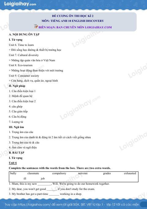 Đề cương ôn tập HK2 tiếng Anh 10 english discovery có đáp án